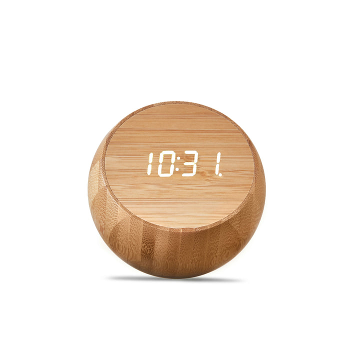 Gingko Sound Activated Alarm Clock In Bamboo Wood Showing A Digital Time Display Sat Against A White Background