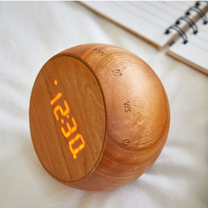 Gingko Sound Activated Tumble Alarm Clock In Cherry Wood Shown From Above Angle Showing Engraved Settings