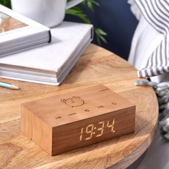 Gingko Flip clock in cherry wood effect displaying the time in yellow