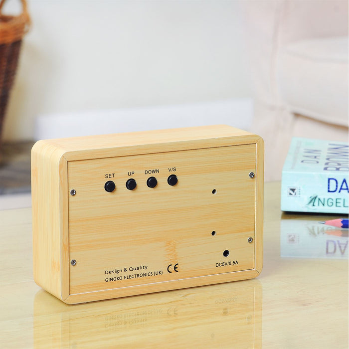 Rear view of a Gingko brick LED click clock in a beech coloured wooden effect 