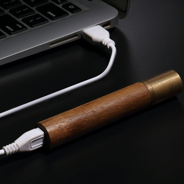 gingko natural wood flameless lighter in american walnut, plugged into a usb to charge