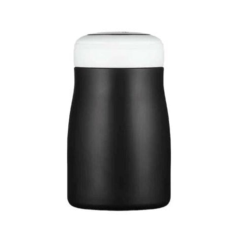 Black coloured stainless steel flask with a off white and silver lid.