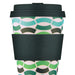 multi toned green abstract print on a reusable cup. with dark green lid and band.