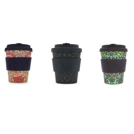 A selection of three reusable coffee cups all with a William Morris inspired printed pattern on them. Comes with a Plain silicone lid and sleeve with William Morris initials embossed in the silicone sleeve. 