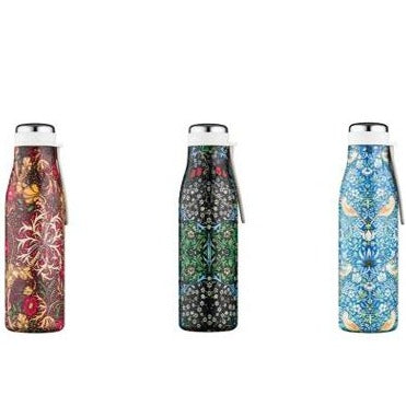 A selection of three Multicoloured vacuum flasks each with a William Morris design print. Silver lid and a white hand strap.