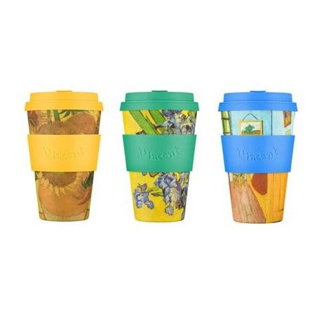 Reusable coffee cups, 3 to choose from each one is inspired by Vincent Van Gogh art work. Each cup has a matching silicone lid and silicone sleeve with the word Vincent embossed in the silicone. 