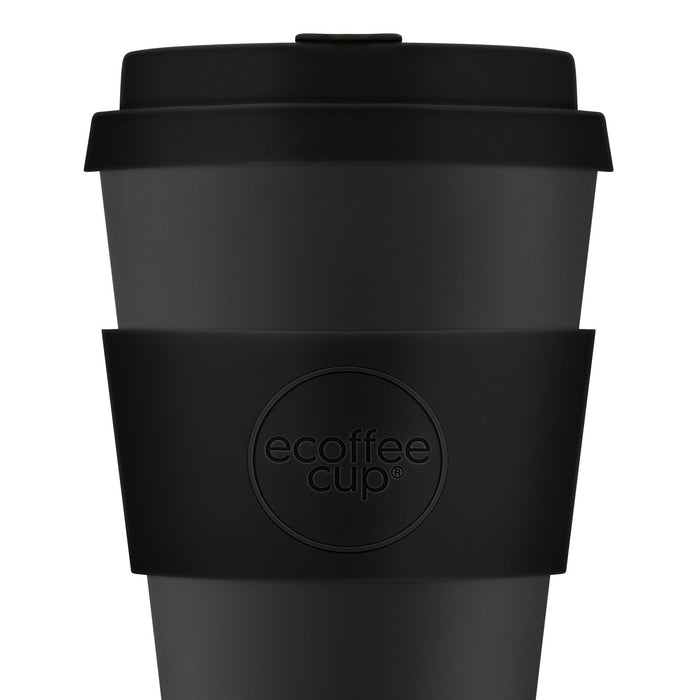 Dark green reusable cup with black lid and black band