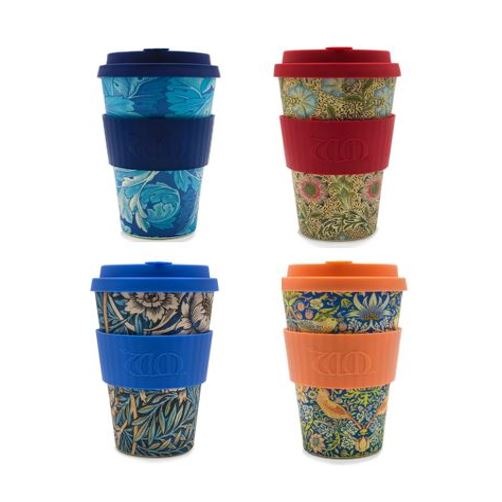 A selection of 4 reusable coffee cups. All printed with a floral design inspired by William Morris. The cups have a silicone lid and matching silicone sleeve with the William Morris badge embossed in the silicone.  