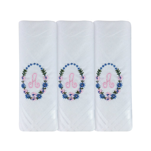 Three pack of white handkerchiefs displaying an embroidered letter A in pink with a floral boarder around the letter.