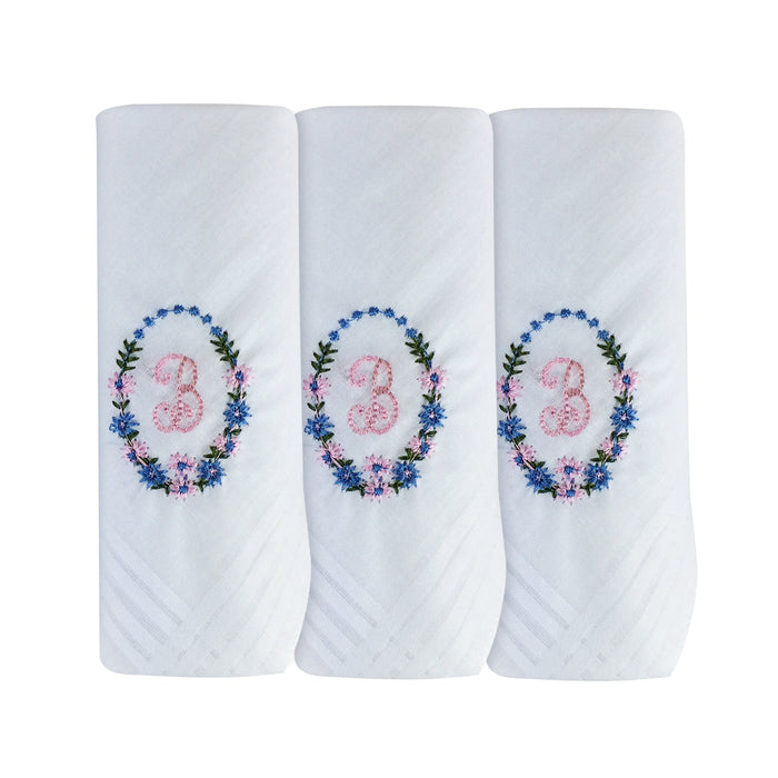 Three pack of white handkerchiefs displaying an embroidered letter B in pink with a floral boarder around the letter.