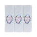 Three pack of white handkerchiefs displaying an embroidered letter L in pink with a floral boarder around the letter.