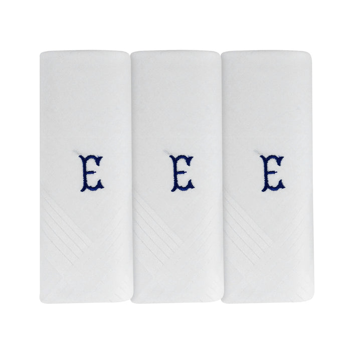 Three pack of white handkerchiefs displaying an embroidered letter E in the colour navy.