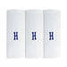 Three pack of white handkerchiefs displaying an embroidered letter H in the colour navy.