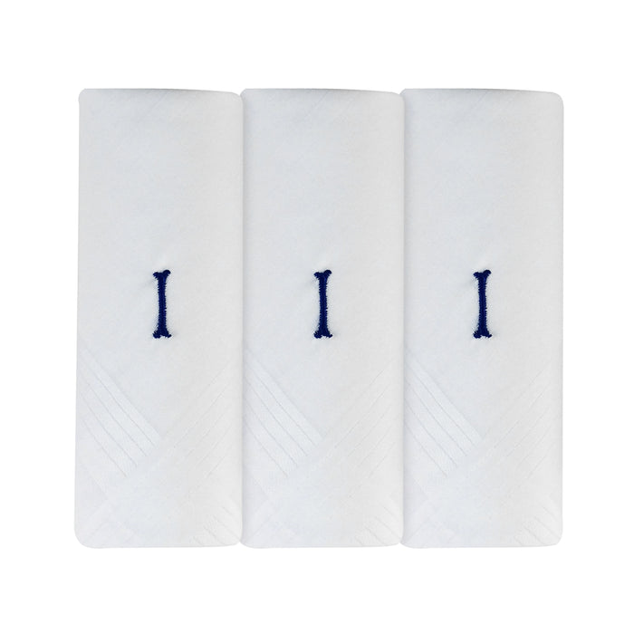 Three pack of white handkerchiefs displaying an embroidered letter I in the colour navy.