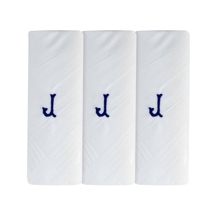 Three pack of white handkerchiefs displaying an embroidered letter J in the colour navy.