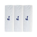 Three pack of white handkerchiefs displaying an embroidered letter J in the colour navy.
