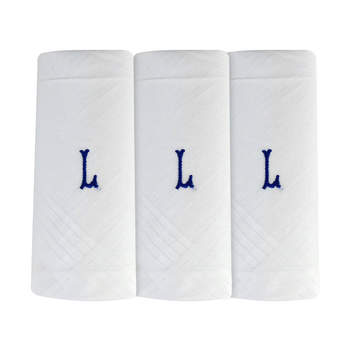 Three pack of white handkerchiefs displaying an embroidered letter L in the colour navy.
