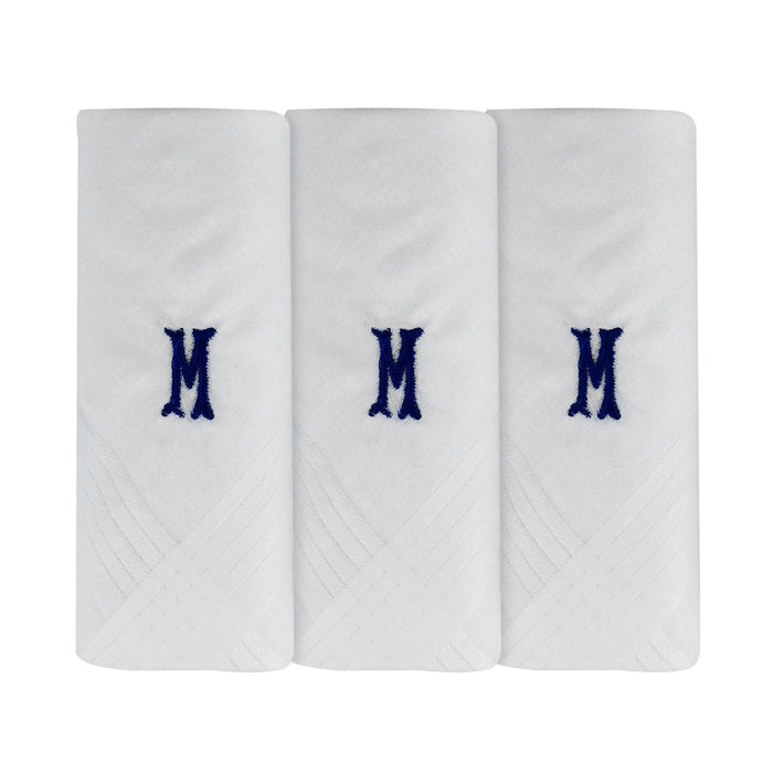 Three pack of white handkerchiefs displaying an embroidered letter M in the colour navy.