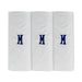 Three pack of white handkerchiefs displaying an embroidered letter M in the colour navy.