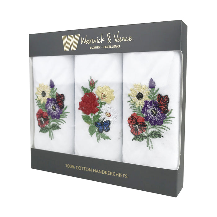 Warwick & Vance Women's 100% Cotton White Floral Bouquet Embroidered Handkerchiefs 3 Pack