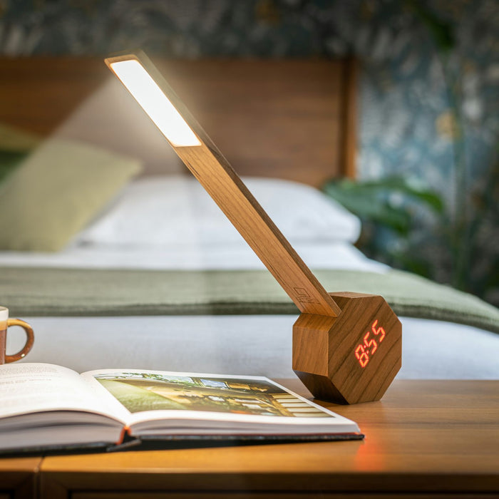 Gingko Octagon One Plus Natural Wood Alarm Clock & LED Desk Lamp