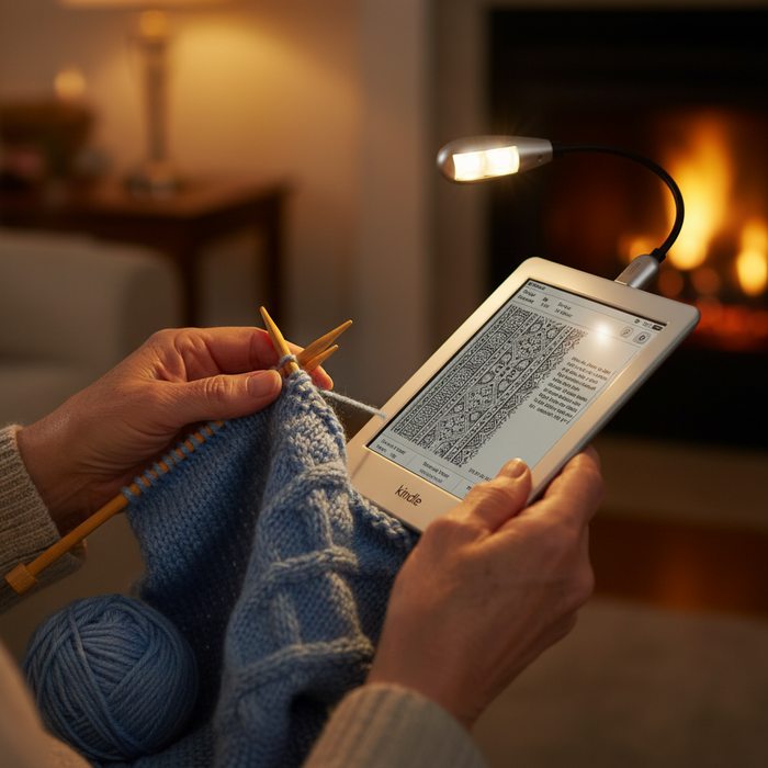 Person knitting with a Kindle device in a cozy room with a fireplace.