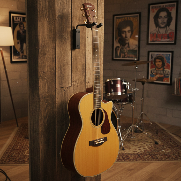 Acoustic guitar hanging on a wall in a music room with musical equipment and decor.