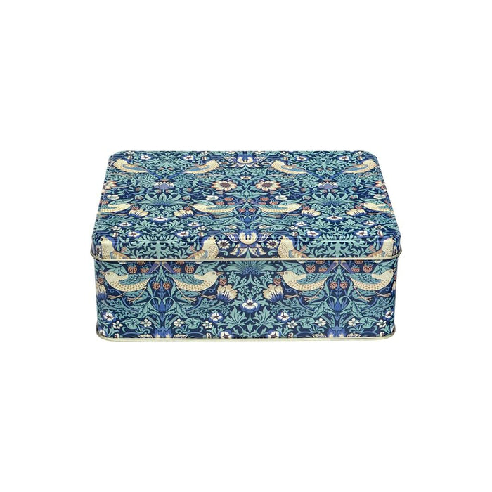 Buy Now decorative storage tin with a blue floral and bird pattern on a white background inspired by William Morris