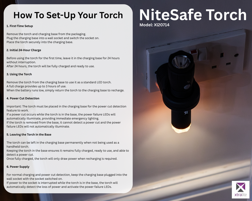 Xtralite NiteSafe LED Rechargeable Torch With Orange Night Light & Power Failure Light