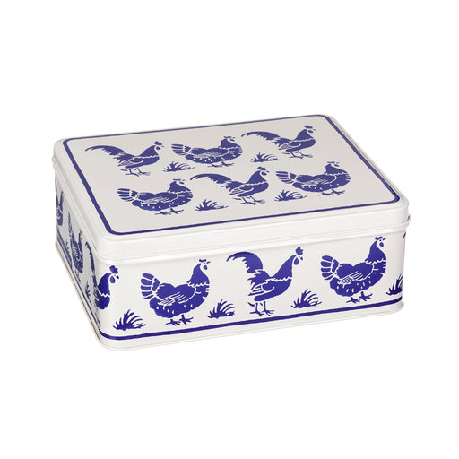 Rectangular tin box with blue chicken illustrations on a white background