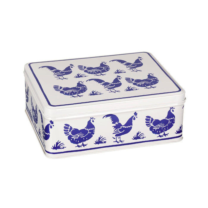 Rectangular tin box with blue chicken illustrations on a white background