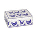 Rectangular tin box with blue chicken illustrations on a white background