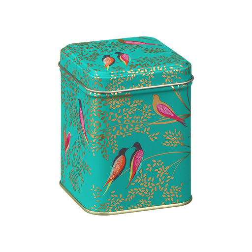 Decorative small square tin colour is teal with gold and pink bird design on the tin.