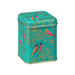 Decorative small square tin colour is teal with gold and pink bird design on the tin.