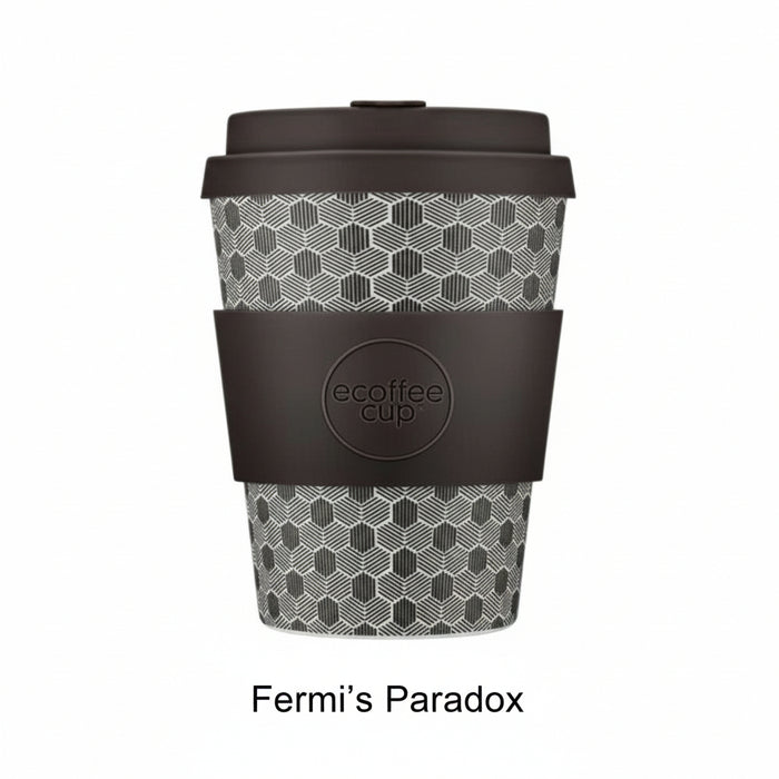 Reusable coffee cup with geometric pattern and black lid on a white background