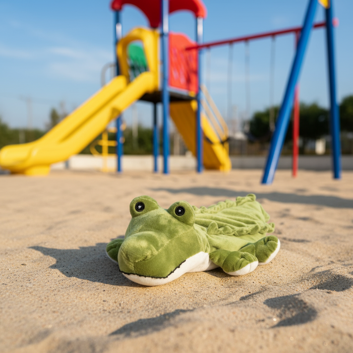Green plush toy on a playground with a slide and swings in the background