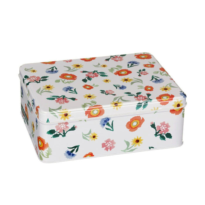 Buy Now Emma Bridgewater Poppies Floral Rectangular Tin In Cream With Red, Orange, Green, Blue and Yellow Flowers On A White Background