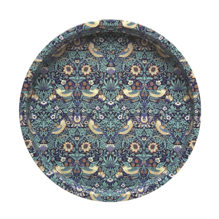 Buy Now William Morris Inspired Blue in Round Serving Tray With Strawberry Thief Design showing a bird picking strawberries from a n in dark blue, tell, and muted yellow.