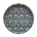 Buy Now William Morris Inspired Blue in Round Serving Tray With Strawberry Thief Design showing a bird picking strawberries from a n in dark blue, tell, and muted yellow.