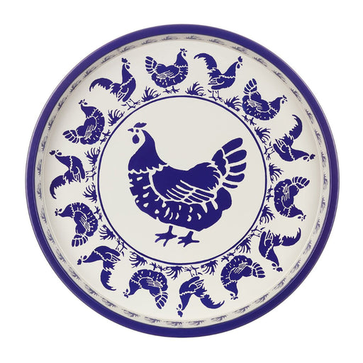 Emma Bridgewater Blue Hens Round Tray With White Background & Navy Blue Hens In A Repeated Design 