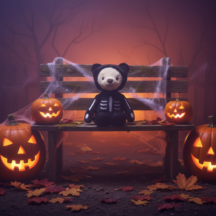 Teddy bear in a skeleton costume sitting on a Halloween-themed bench with pumpkins and spider webs.