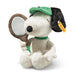 Plush toy resembling a dog with a green cap and racket on a white background