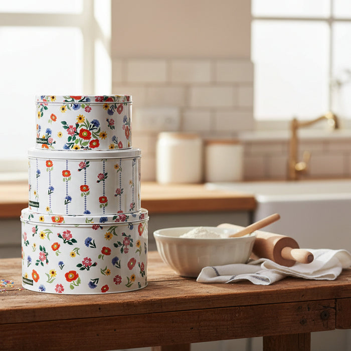 Buy Now Emma Bridgewater Cream Cake Tins With Red, Blue & Yellow flowers including Poppies. Tins stacked on top of each other smallest to largest on a white background