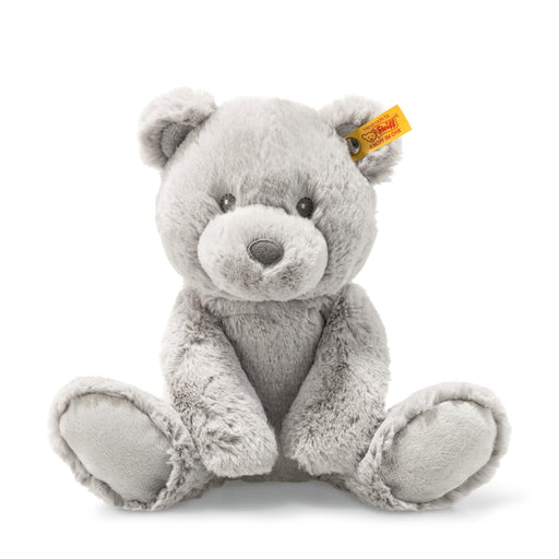 Gray teddy bear with a yellow tag on a white background