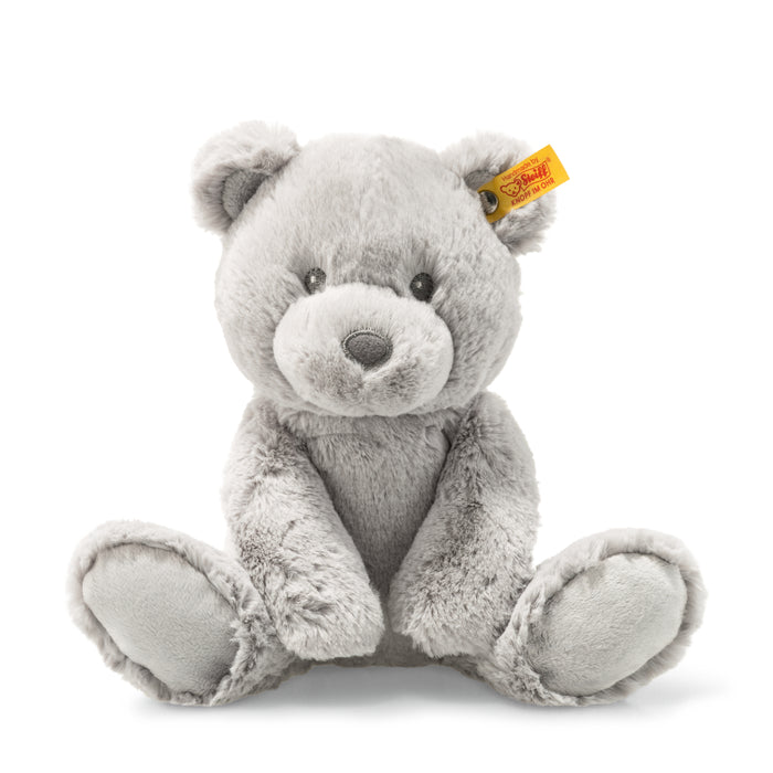 Gray teddy bear with a yellow tag on a white background