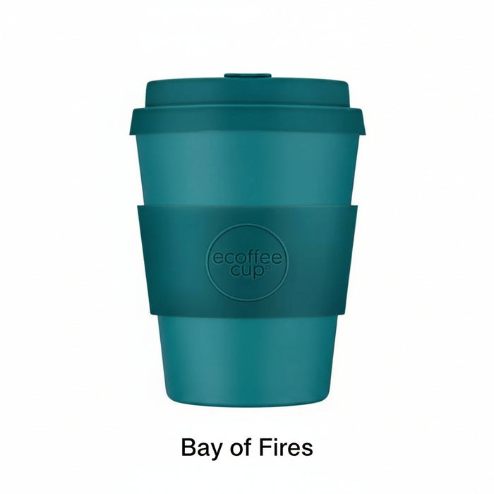 Teal reusable coffee cup with 'ecoffee cup' logo on a white background
