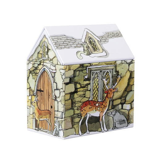 Decorative box with a stone building design featuring animals on a white background