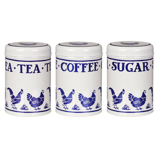 Set of three ceramic canisters labeled 'Tea', 'Coffee', and 'Sugar' with blue chicken design on a white background.
