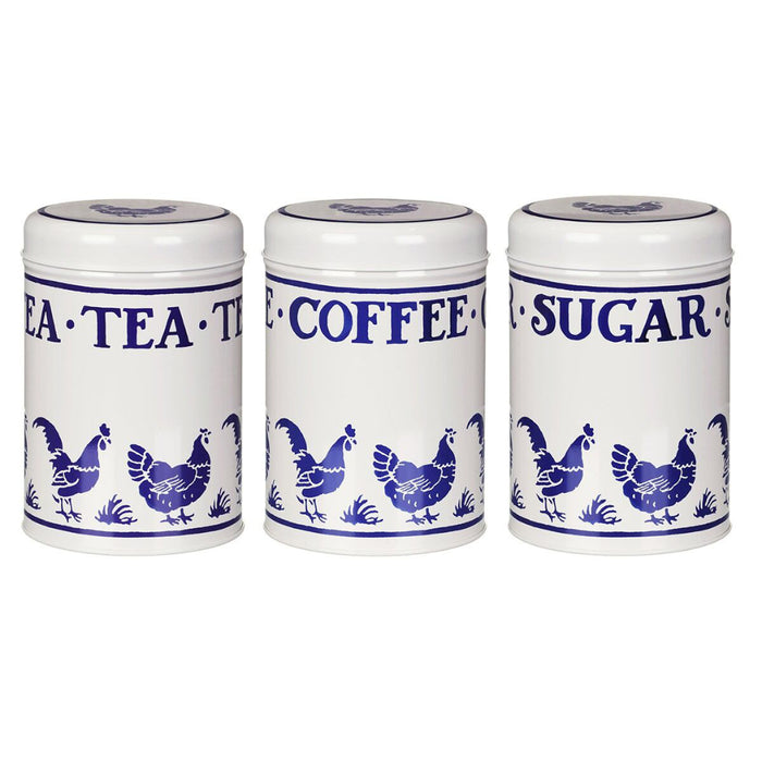 Set of three ceramic canisters labeled 'Tea', 'Coffee', and 'Sugar' with blue chicken design on a white background.