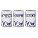 Set of three ceramic canisters labeled 'Tea', 'Coffee', and 'Sugar' with blue chicken design on a white background.